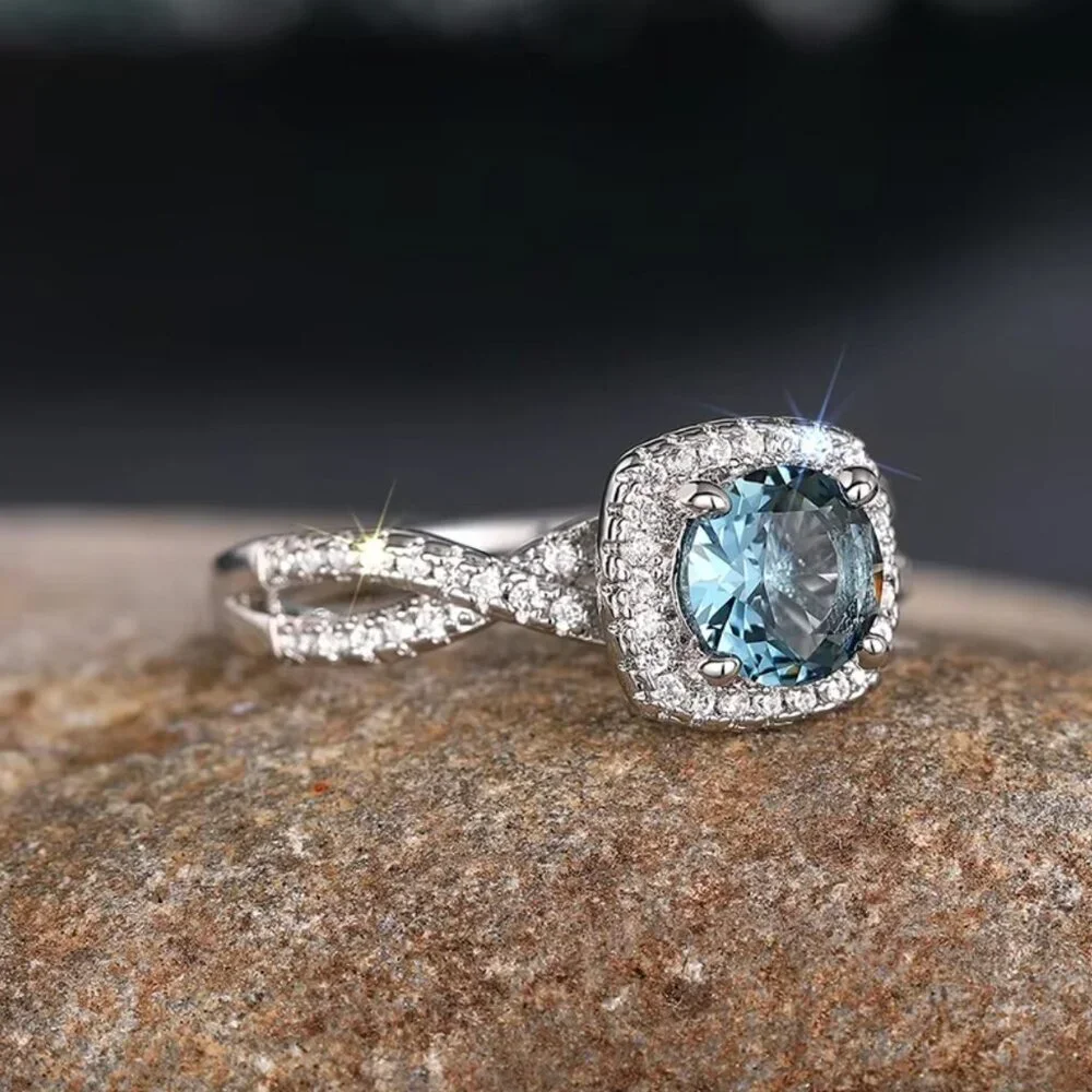 NEW 14k White Gold Blue Topaz Diamond Ring Round Cut Halo Ring